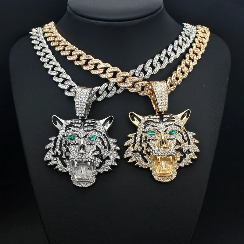 Iced Tiger Pendant Necklace Cuban Chain